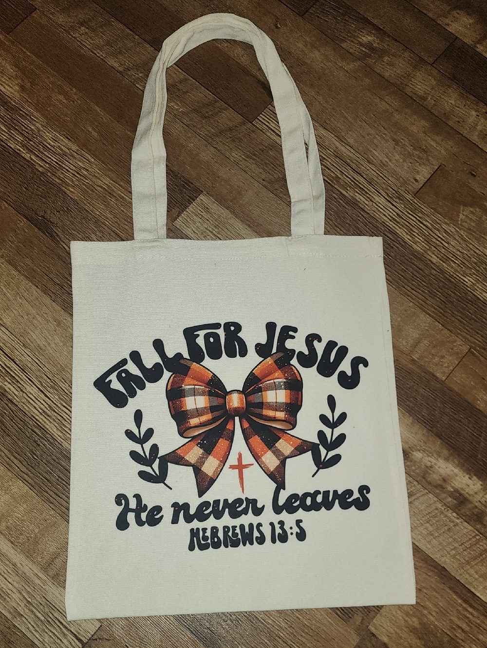 Canvas Tote Bag - Cream with Orange Plaid Bow Design. 13x15